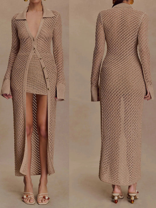 Women s Chunky Knit Cardigan with Chic Cut-Out Accents and Button Front Closure Cozy Lapel V-Neck Sweater Coat for