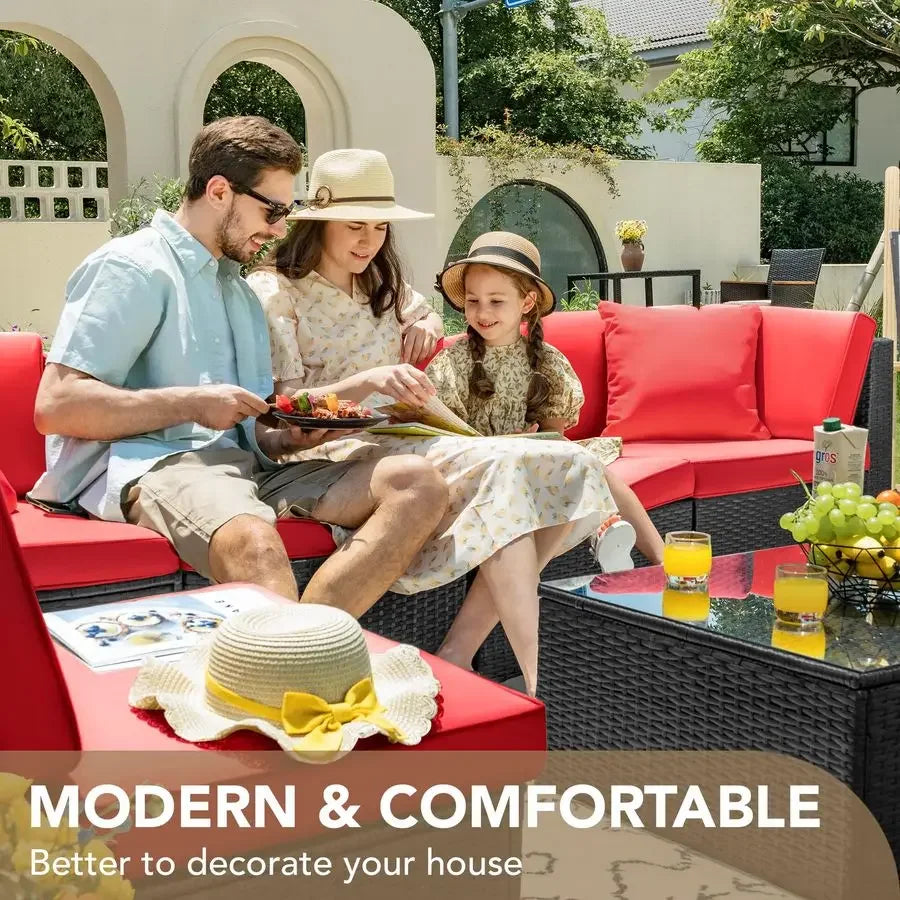7 Pieces Outdoor Sectional Sofa Patio Furniture Sets Manual Weaving Wicker Rattan Patio Conversation Sets with Cushion and Glas