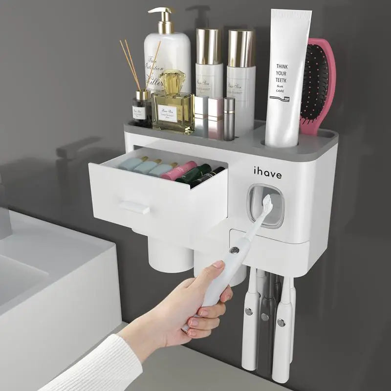 Ihave Toothbrush Holders for Bathrooms 2 Cups Toothbrush Holder Wall Mounted with Toothpaste Dispenser Large Capacity Tray