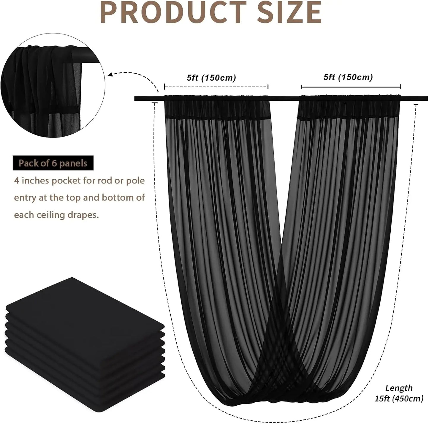 Black Ceiling Drapes for Weddings 12 Panels 5x15 FT Chiffon Wedding Arch Drapes Sheer Curtains Ceiling Decorations Tulle Drapery