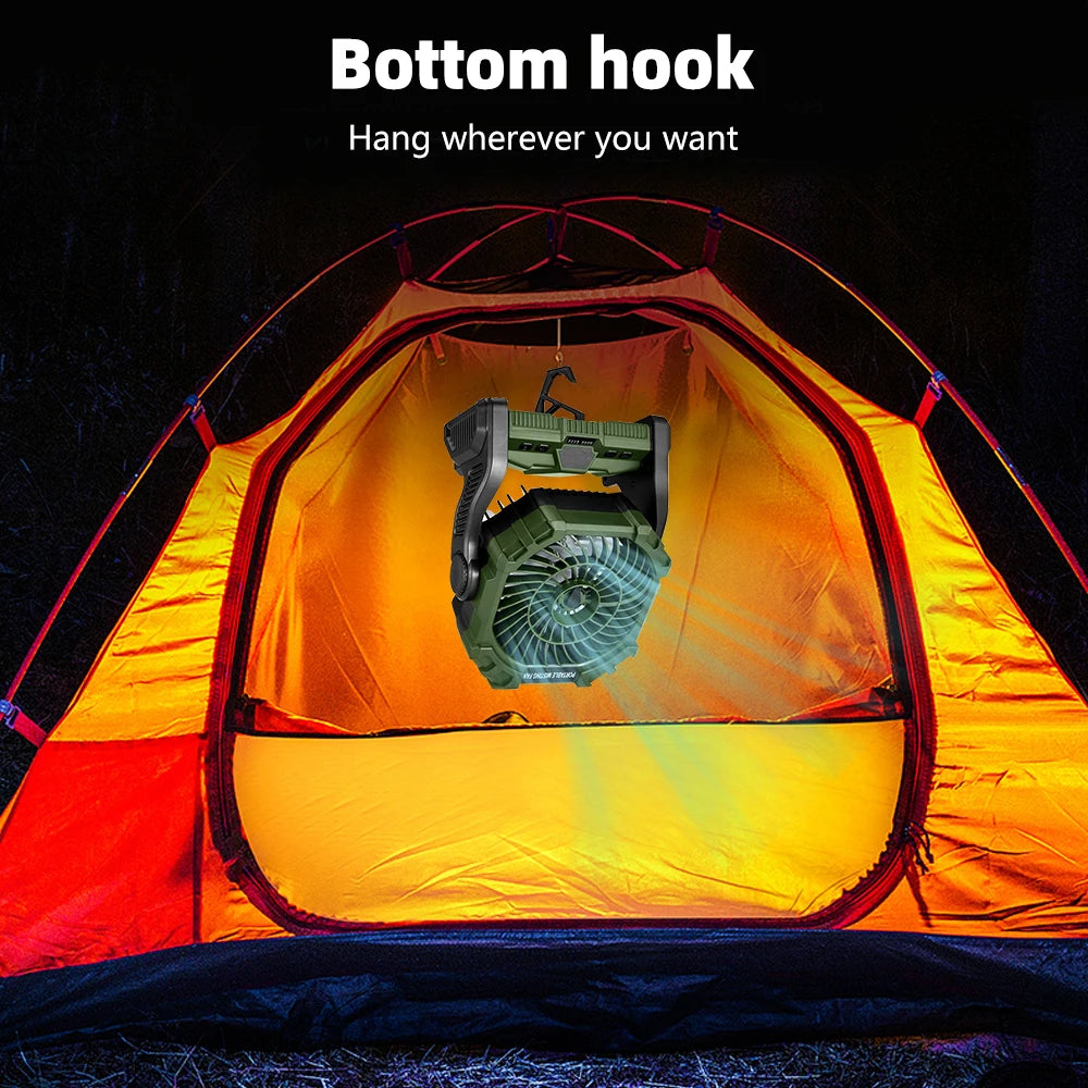Wireless Camping Fan with 4 LED Color Light Control and 360 Degree Rotation Portable Misting Humidifier