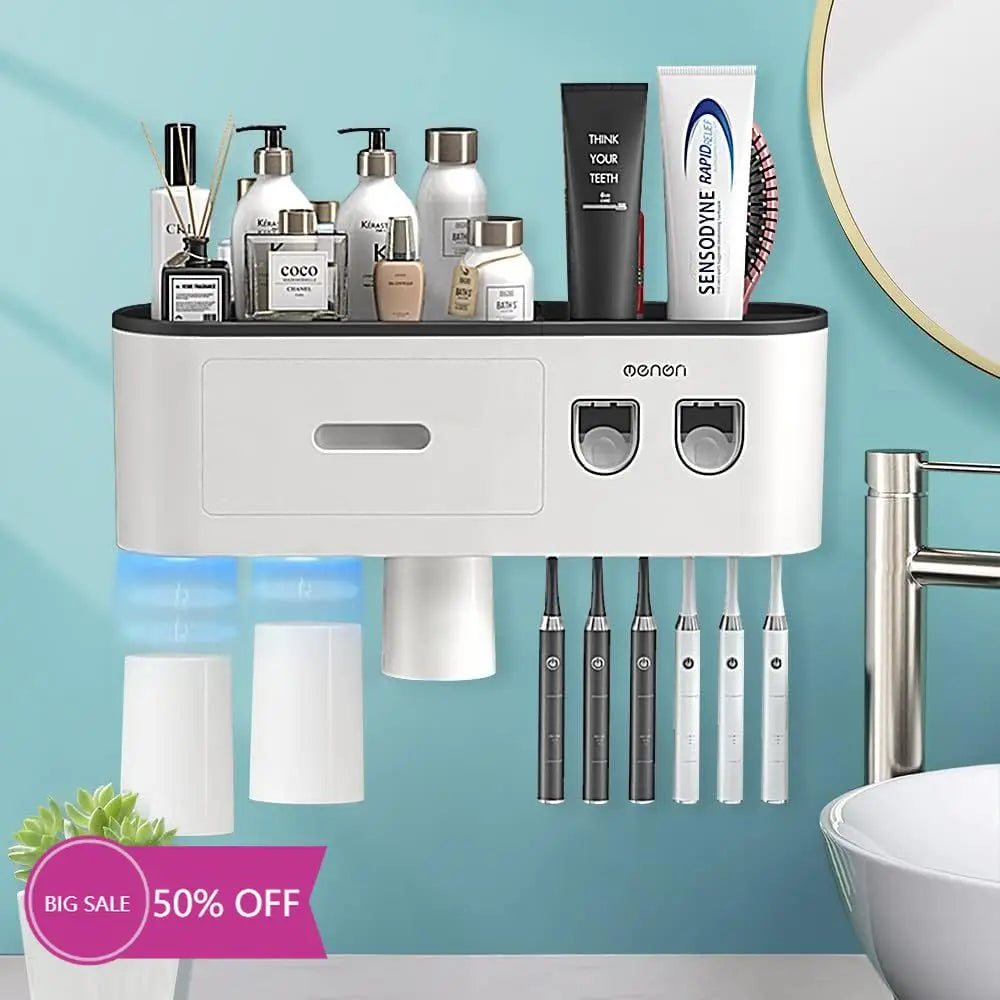 Dual Automatic Toothpaste Dispensers,   Eelectric Toothbrush Holder Wall-Mounted with Toothpaste Squeezer, Multifunctional