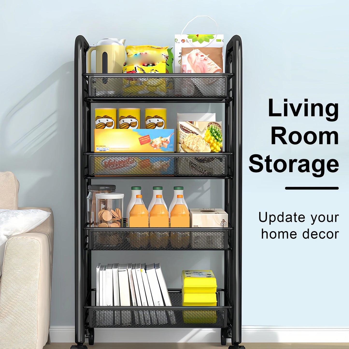 Multilayer Kitchen Storage Rack Metal Utility Cart Stackable with Wheels Multifunctional Shelf for Fruits and Vegetables