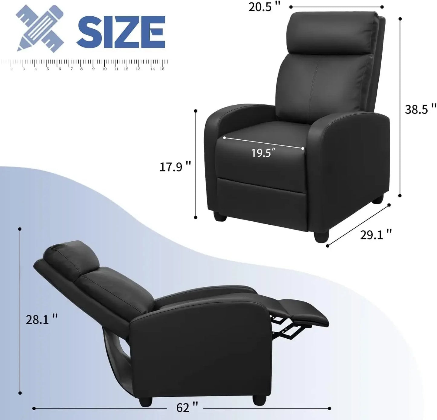 Massage Recliner Chair for Living Room Adjustable PU Leather Reclining Sofa Home Theater Seating Modern Winback Single with Footrest in Black