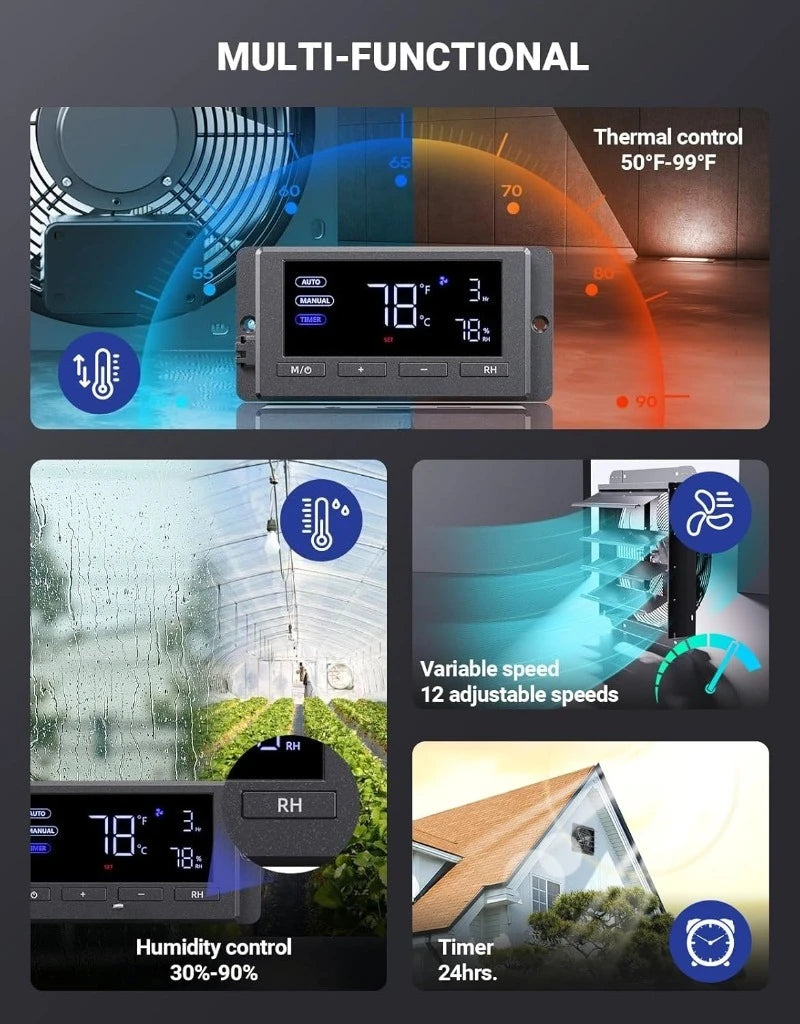 14" Wall Mounted Shutter Exhaust Fan, Automatic Shutter, Temperature and Humidity Controls with Variable Speed, 1200 CFM