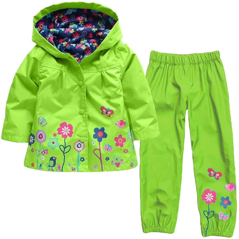Autumn Spring Children Waterproof Long Sleeve Coat+Pants 2pcs Flower Print Baby Girls Clothes Toddler Boys Children Sets Costume