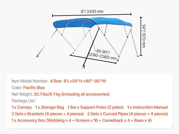 VEVOR 4 Bow Boat Bimini Tops 600D Polyester Canopy with Aluminum Alloy Frame Waterproof & Sun Shade Boat Awning Canopy Grey/Blue