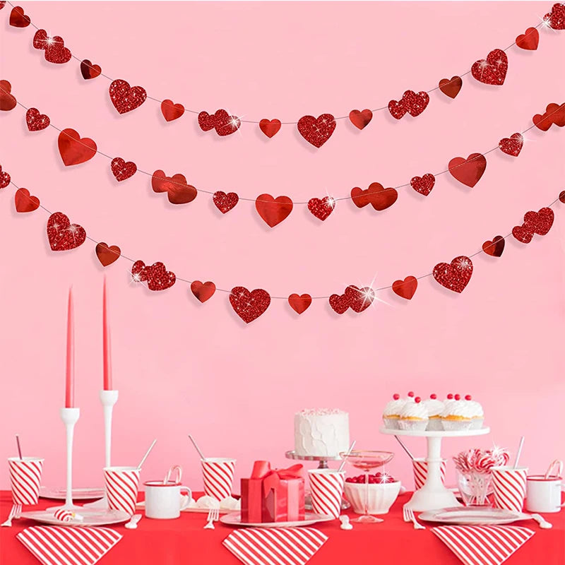 Glitter Red Wedding Decoration Heart Banner Garlands Hanging Streamers for Anniversary Engagement Bridal Shower Birthday Party