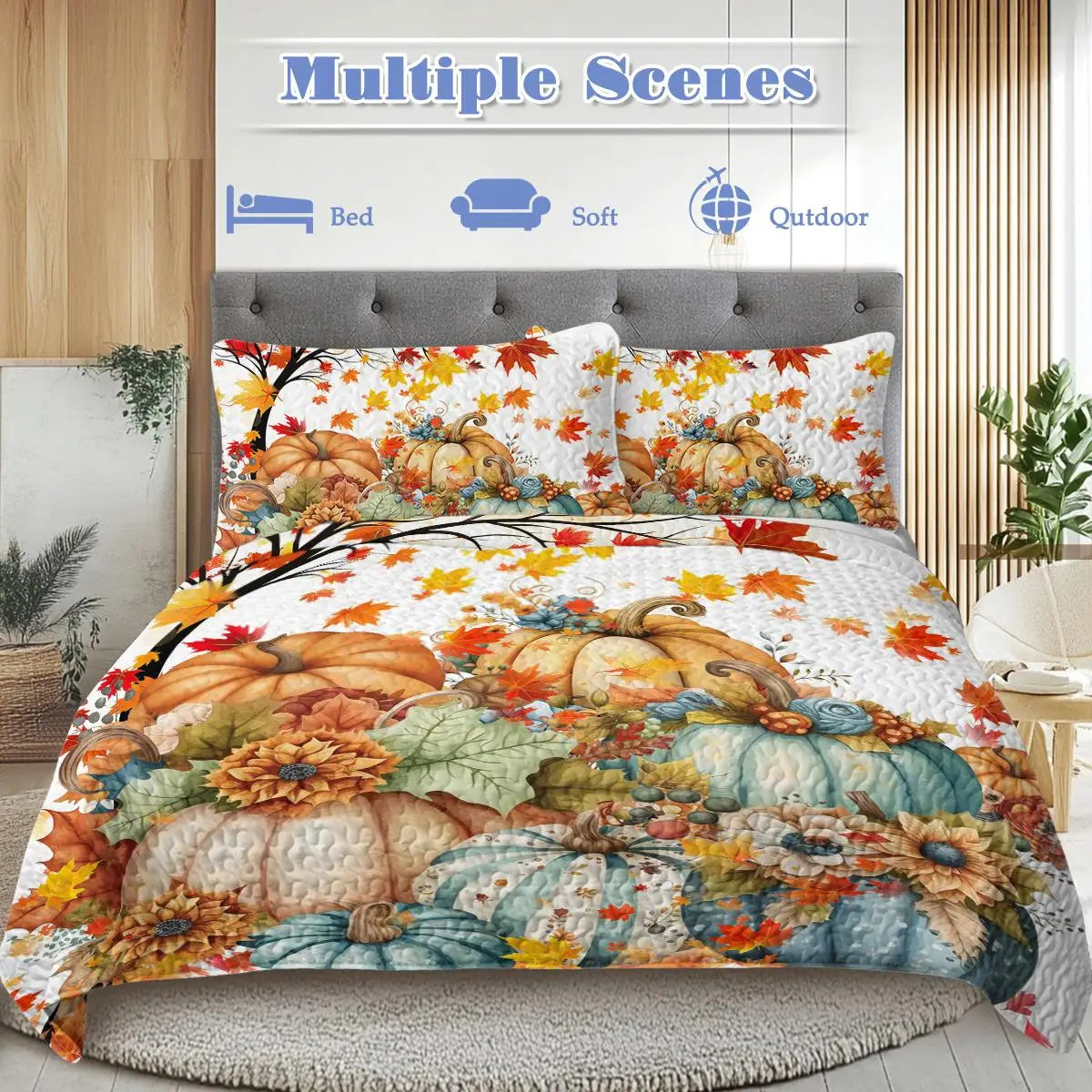Colorful Pumpkin Oil Painting Quilt Set - 3 Piece Queen Bedding with 2 Pillowcases for Fall and Thanksgiving Gift