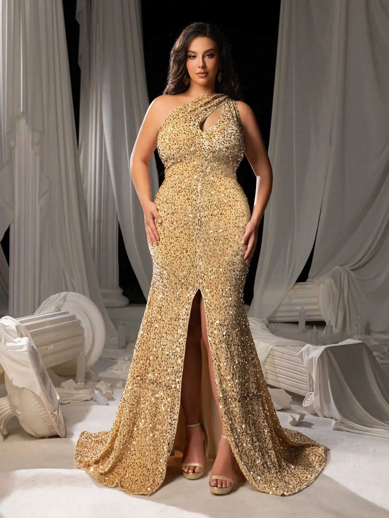 Plus Size One Shoulder Slit Mermaid Sequin Evening Dress for Formal Events