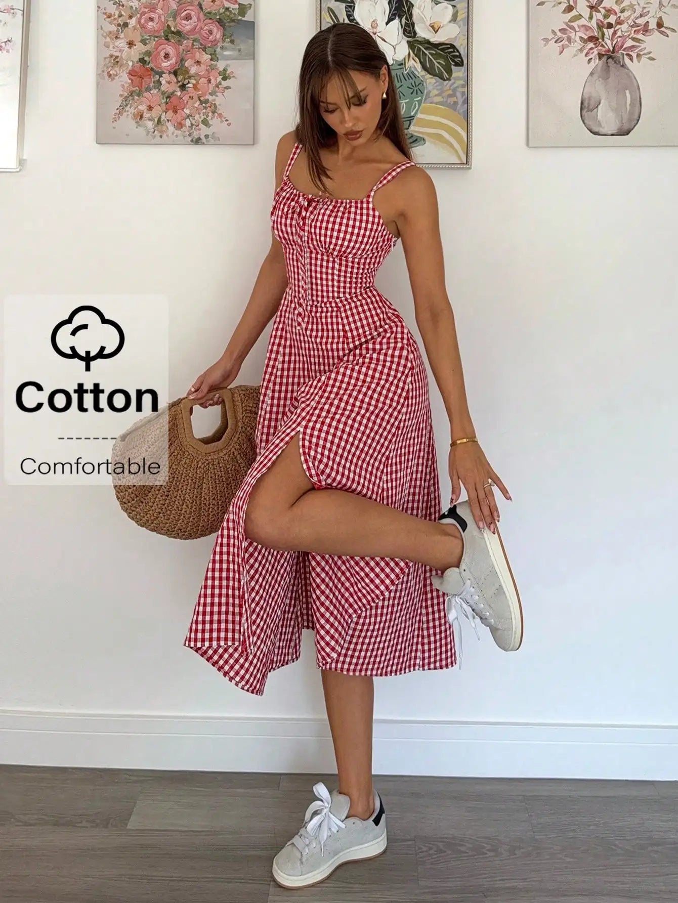 Red Gingham Women's Mid-Calf Dress with Spaghetti Straps, Casual Summer Style, Cotton Comfortable Fit