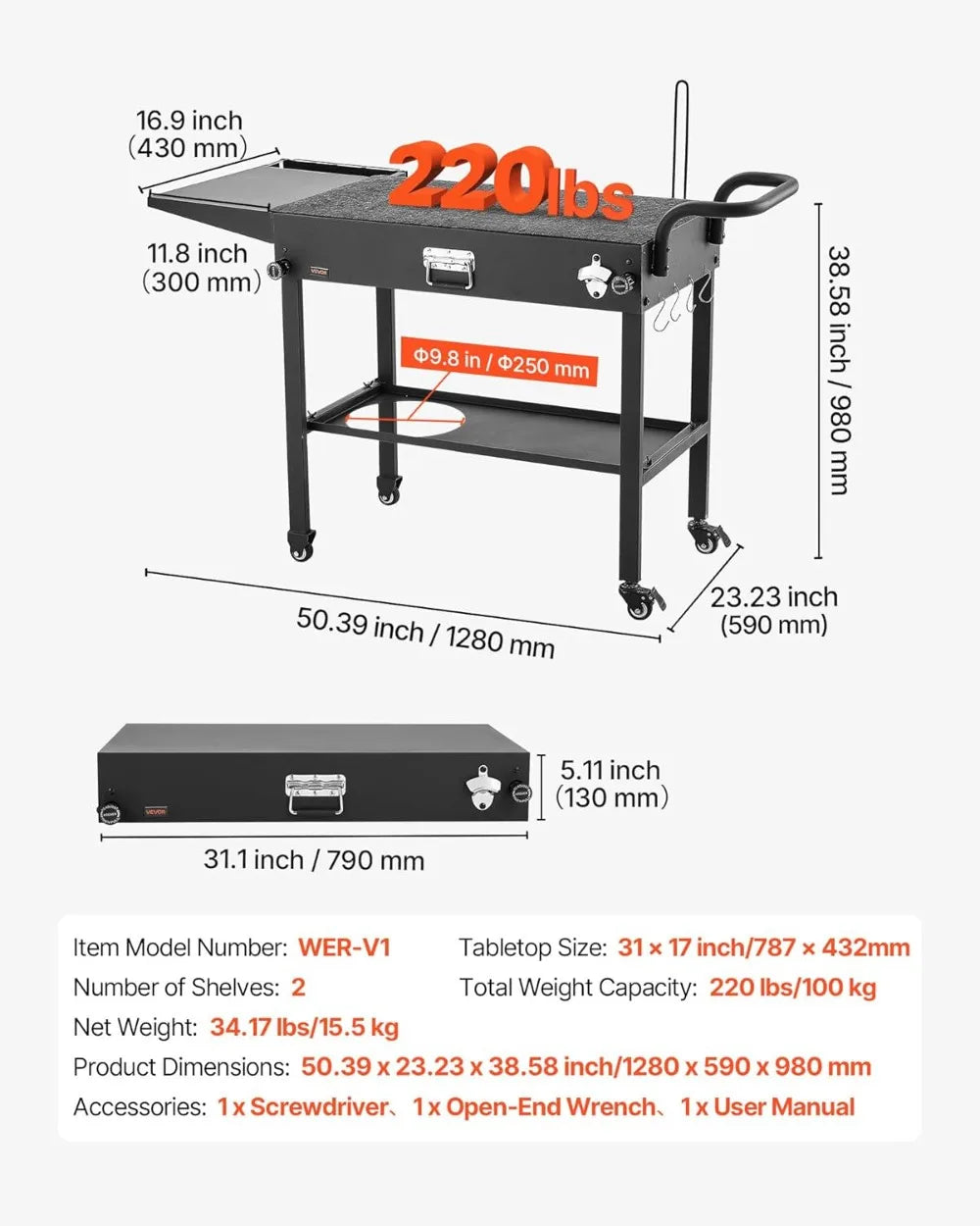 Outdoor Grill Cart, 31x17in Foldable BBQ Table with Wheels, Side Table, Tissue Holder, Hooks, for Picnic Kitchen