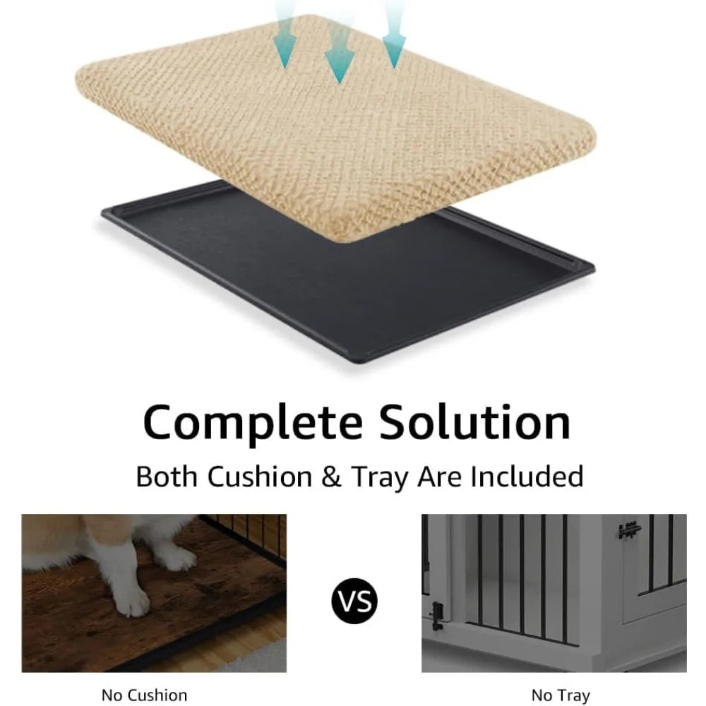 Dog Crate Furniture With Sliding Barn Door Stylish Double Doors Wooden Kennel With Tray And Cushion Decorative Indoor Pet House