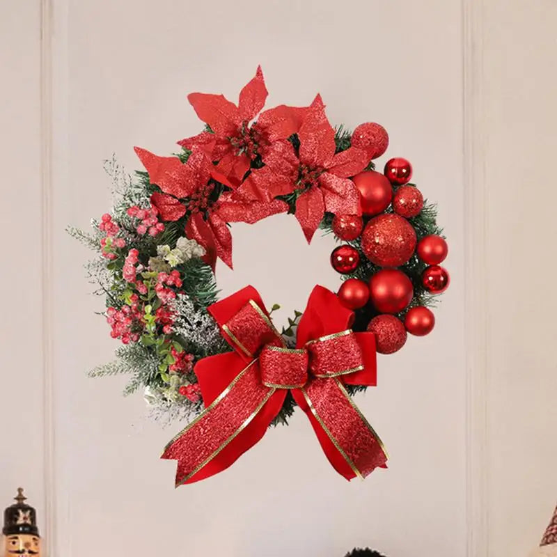 45CM Christmas Front Door Wreath Artificial Pine Needle Winter Wreaths Poinsettia Flowers Holiday Wreath with Ball Ornaments