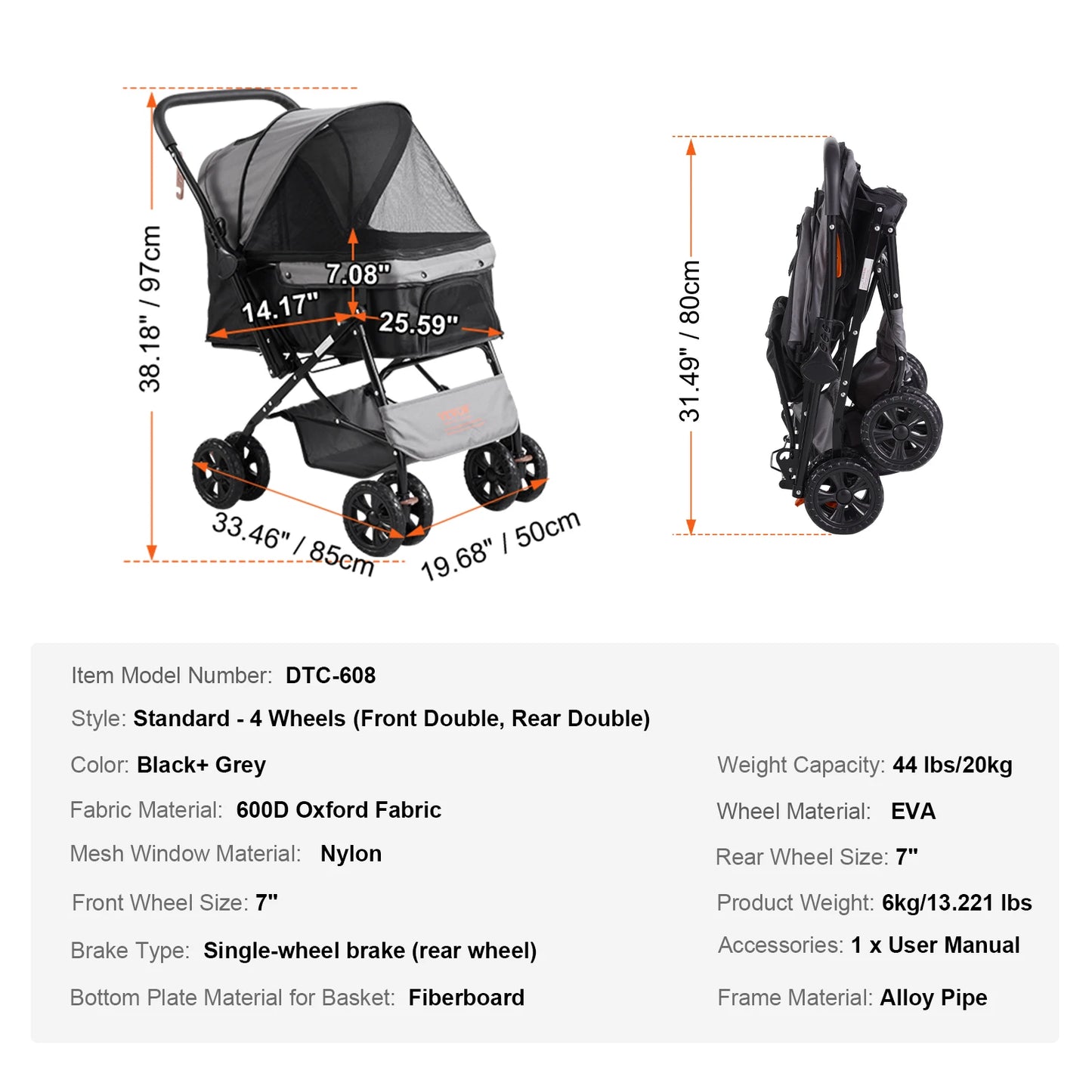 VEVOR Lightweight Pet Stroller Carrier for Dogs and Cats with Cup Holder and Brakes Travel Accessory