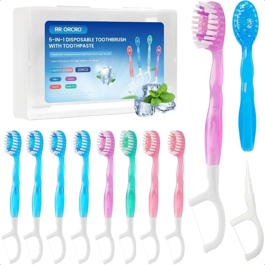 20Pack Mini Disposable Toothbrushes Set 5in1 Portable PrePasted Travel Toothbrush with Toothpaste + Tongue Scraper + Floss + Pi