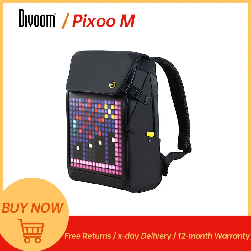 Divoom Pixoo M Backpack Portable 15 Inch Waterproof Laptop Bag with 16x16 RGB LED Screen Travel Daypack Black