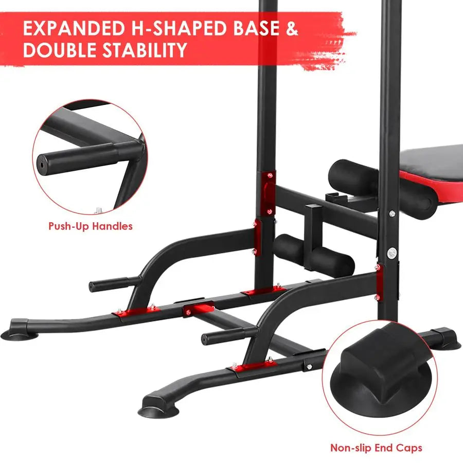 Power Tower with Bench, Pull Up Bar Stand, Dip Bar w Folding Bench 4 Ropes Strength Training, MultiFunction Fitness Customizable