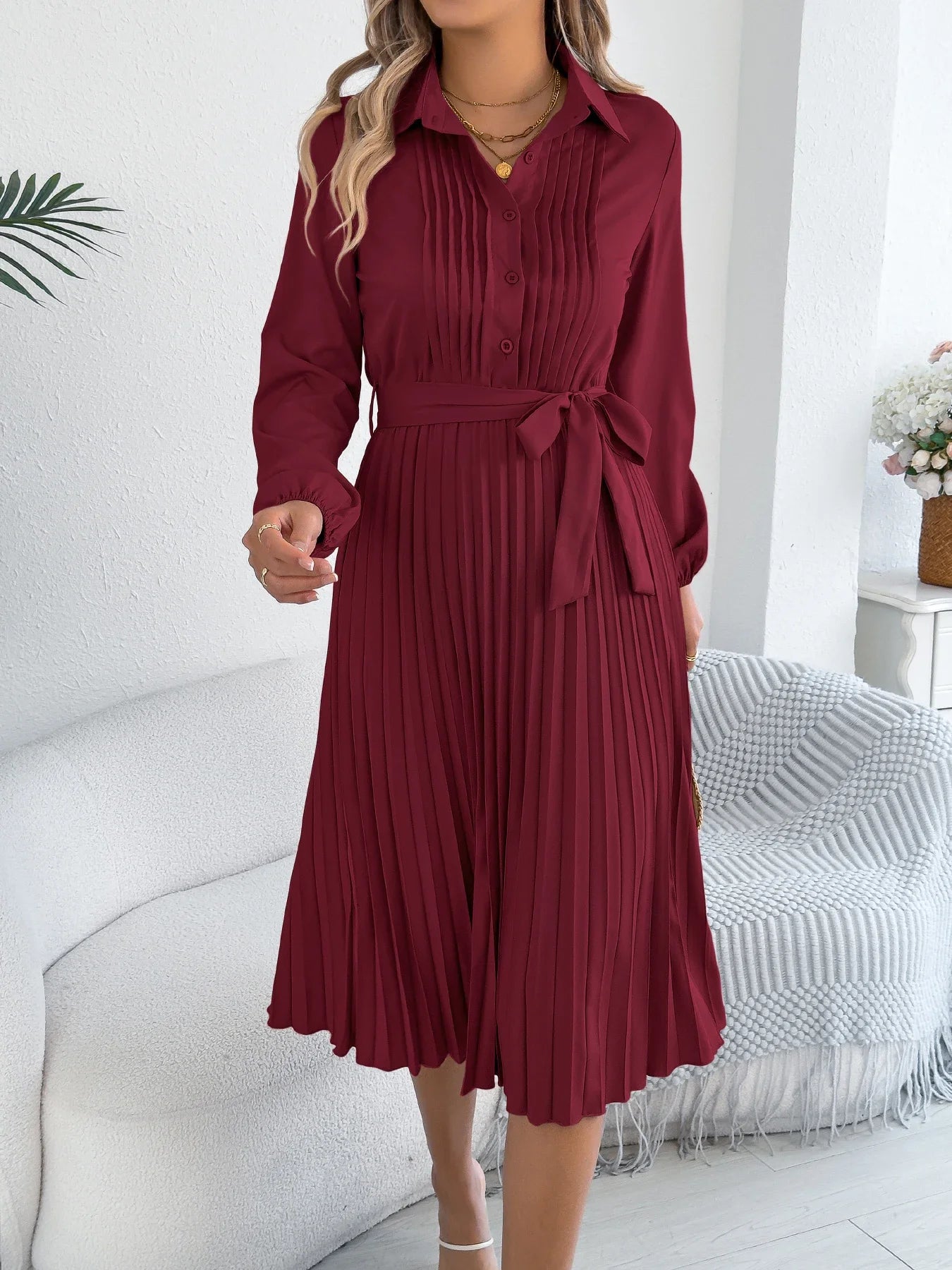 Elegant Maxi Dress for Autumn Winter Lapel Tie Waist Solid Color Long Sleeve Dresses Green Khaki Red Woman Clothing 2025